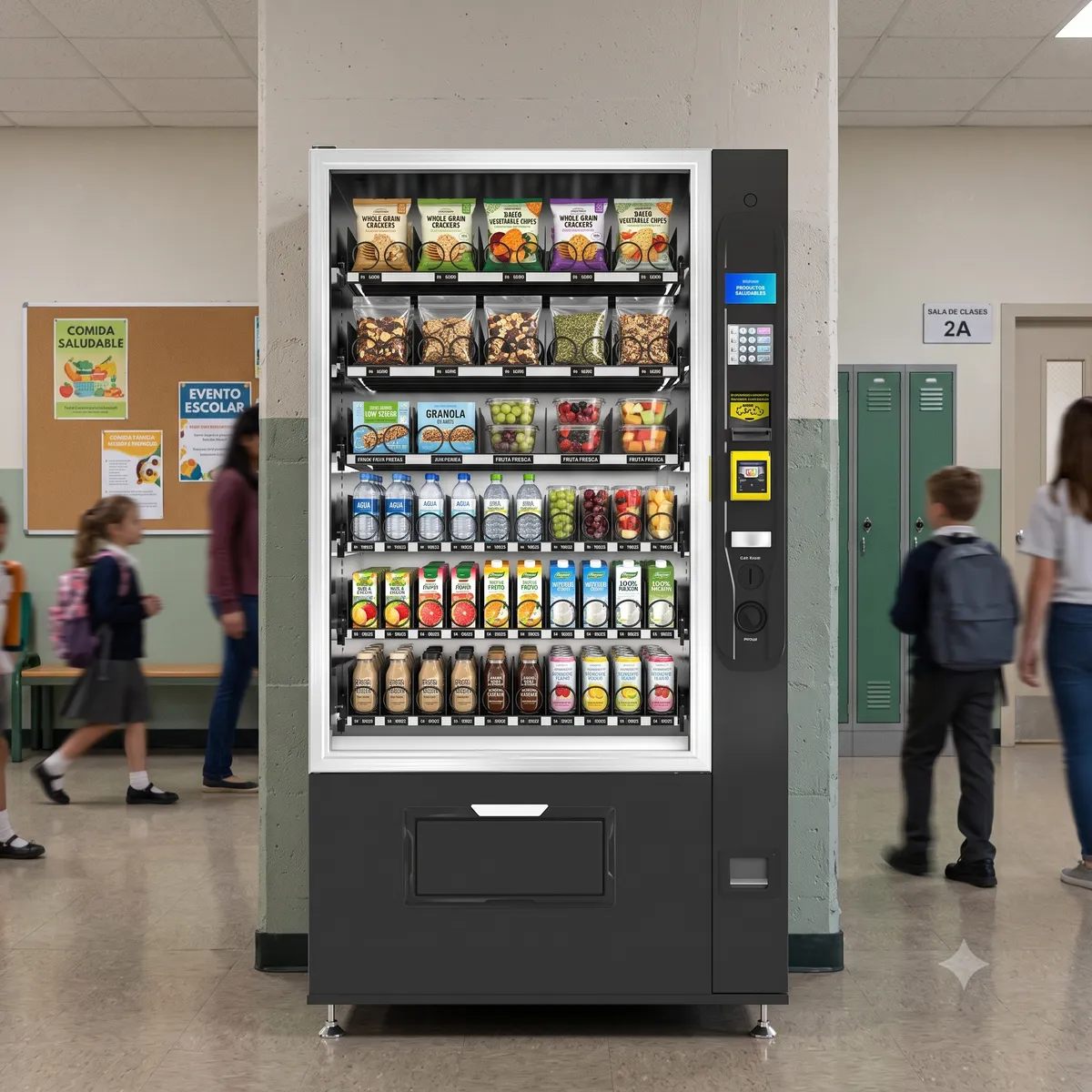 Máquina expendedora inteligente instalada en un colegio