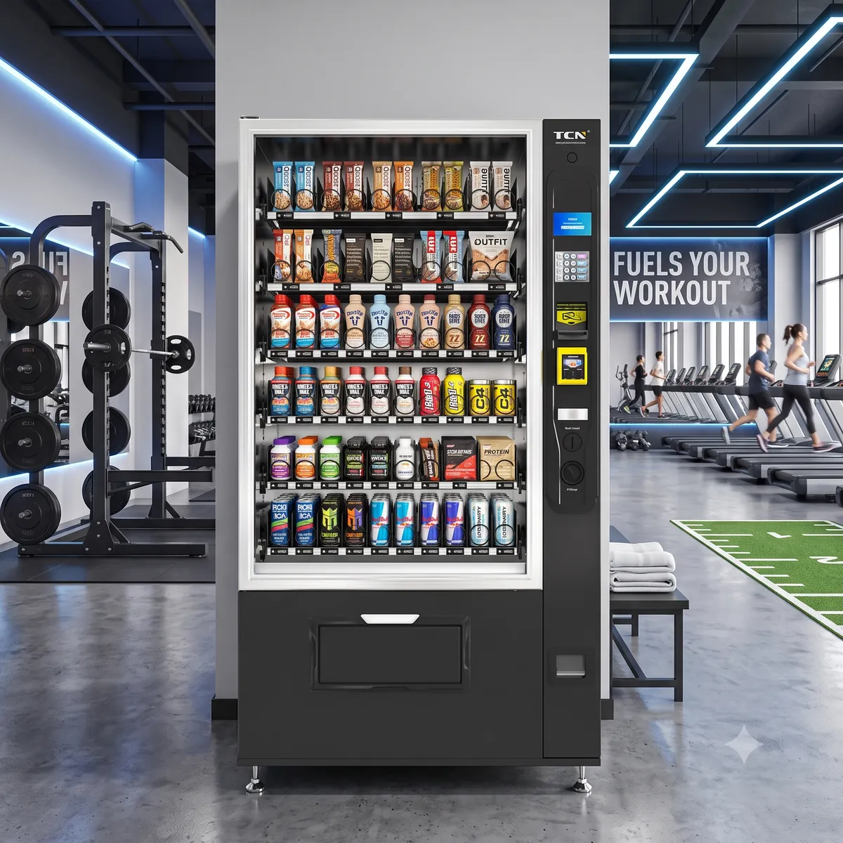 Máquina expendedora inteligente instalada en un gimnasio
