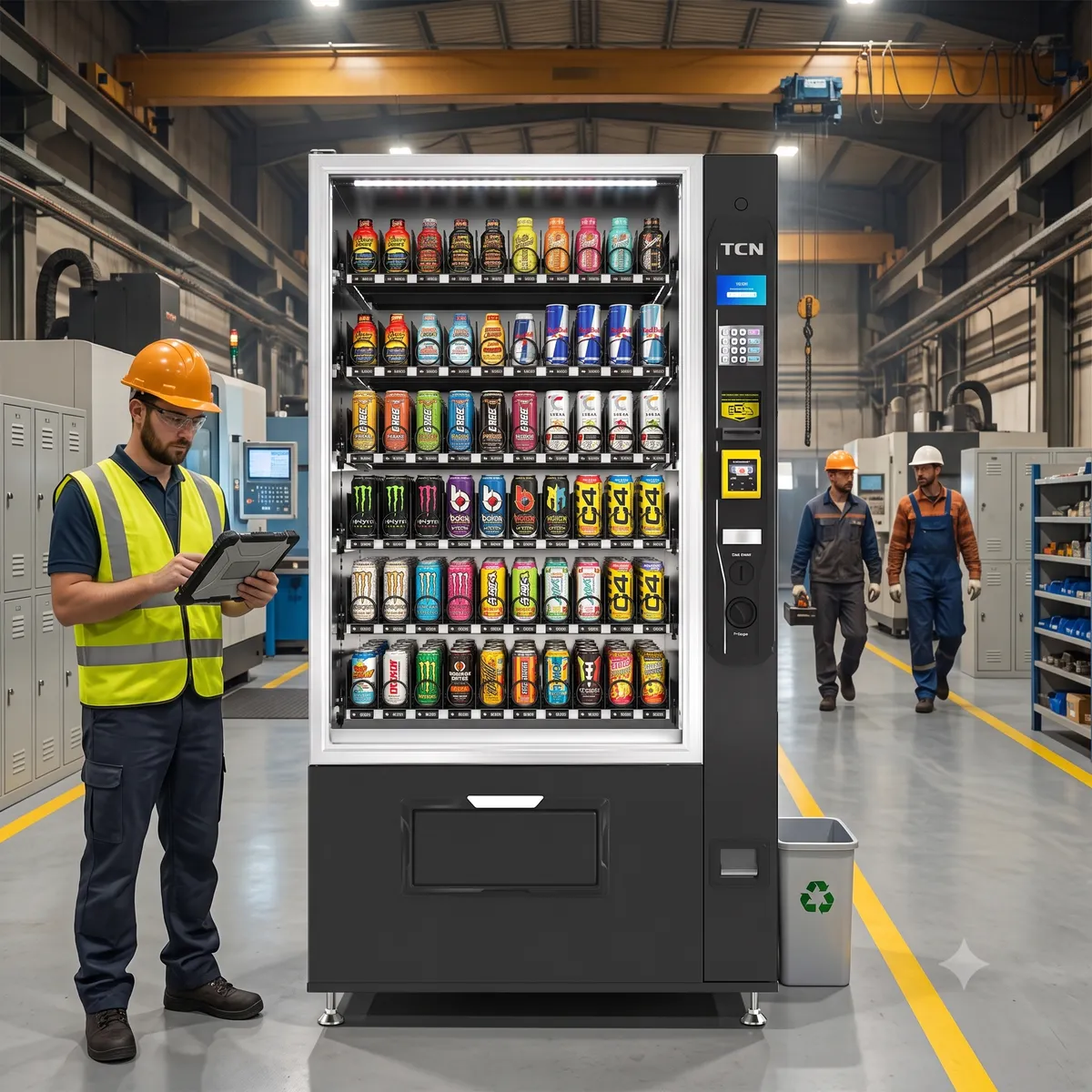Máquina expendedora inteligente instalada en una planta industrial